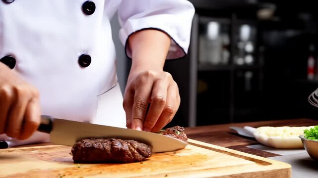 Cook hand holds a knife and cuts steak, chef cutting meat, a cook hands holding a sharp knife and expertly slicing a piece of cooked steak on a wooden cutting board, slicing meat, cooking steak