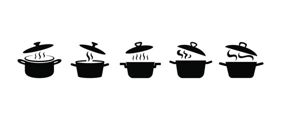 Black silhouette cooking pots with lids and steam  kitchen icons, vector illustration