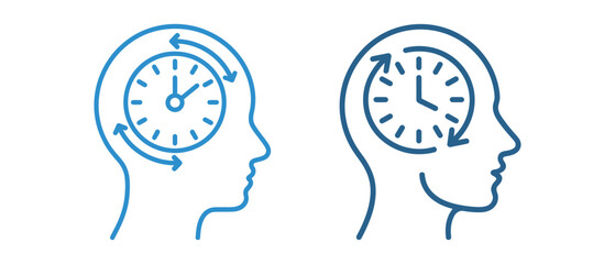 blue line art of human heads with clocks, vector illustration