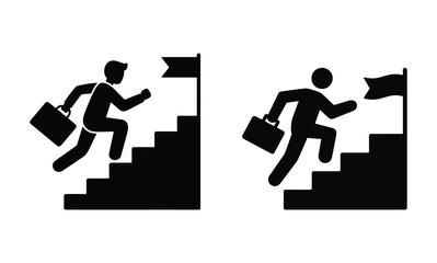Businessman climbing stairs to success with briefcase, vector illustration