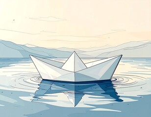 Obraz premium A solitary paper boat floats serenely on calm water, reflecting light