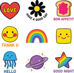 Fototapeta premium Cute colorful doodle stickers set, smiling icons rainbow star planet food symbols, playful kids illustration, happy cartoon elements