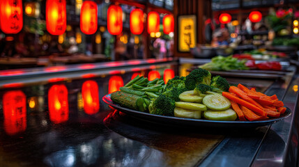 Obraz premium Fresh vegetables arranged beautifully on plate in vibrant teppanyaki setting in bustling Chinese market create delightful culinary experience