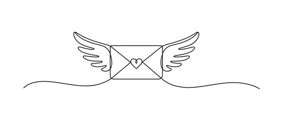 line drawing of envelope with wings and heart, vector illustration