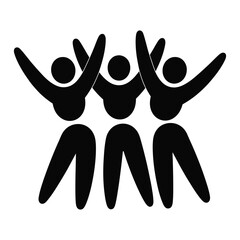 three people standing together with arms raised in celebration, vector illustration
