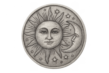 Sun and moon medallion with celestial stars on transparent background