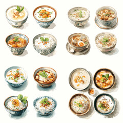 Watercolor style illustration of Asian rice and soup bowls arranged neatly. Soft colors and clean background suitable for cookbook covers menu design and food themed branding.