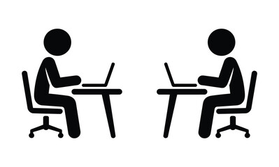 two people sitting at desks with laptops, vector illustration