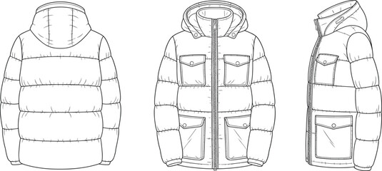 Cad drawing flat vector illustration, puffer jacket front side back view, fashion mockup, quilted design template, hooded garment layout © crazycollection