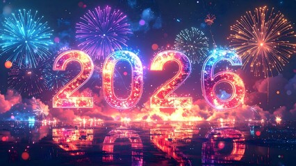 Vibrant fireworks light the night sky above a futuristic road with neon trails. Ideal for New Year 2026 visuals, innovation themes, celebration campaigns, digital wallpapers, and creative marketing