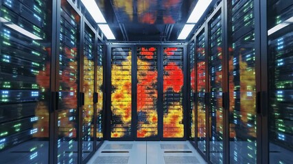 Modern Server Room with Racks of Computers and Glowing Lights. - Powered by Adobe
