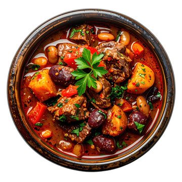 Authentic Serbian Pasulj, a simple yet delicious bean dish with a thick broth, isolated on white background.