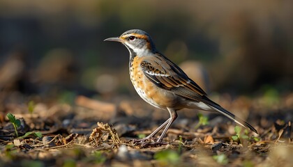 Fototapeta premium Close-up view of a small bird standing on the ground with natural light, shallow depth of field, and blurred background showing forest floor textures.
