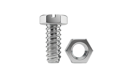 Close-up of a chrome bolt and nut on a white background