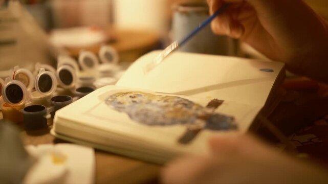 Cinematic close up of a talented teenage girl drawing cute cards in sketchbook at home. A cozy, focused hobby scene full of creative inspiration and intimate detail