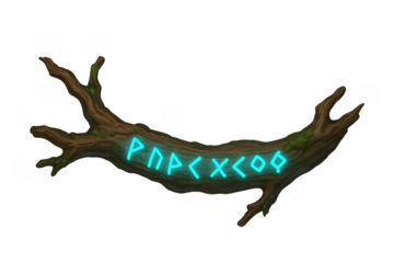 Wooden branch displaying glowing neon runic symbols