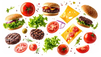 Floating burger elements patties, buns, cheese, tomatoes, and lettuce