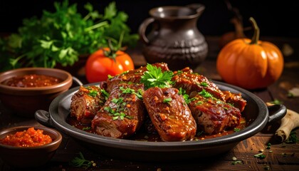 Hearty stewed meat dish with vegetables and sauce on a rustic table