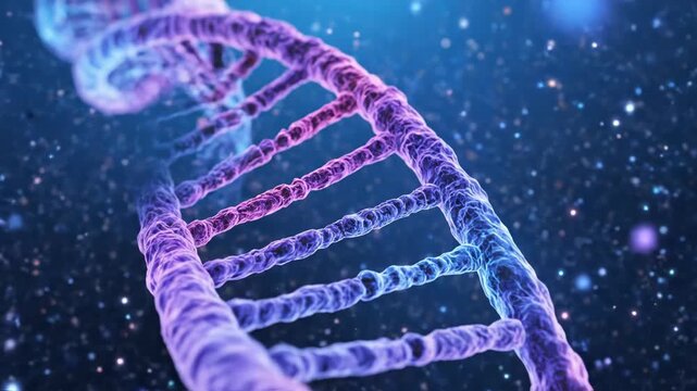 A purple and blue dna double helix structure on a starry night background with glowing particles