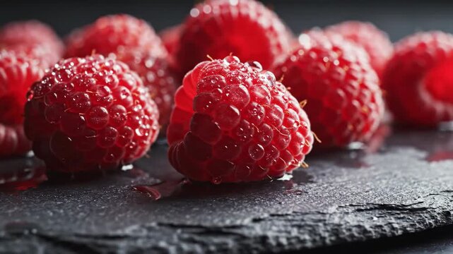 Close up of fresh raspberries with water droplets on slate