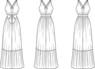 Cad drawing flat vector illustration, sleeveless dress front view, fashion mockup, tiered skirt design template, bow waistband garment layout