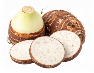 Whole and sliced root vegetable on white background, showing flesh