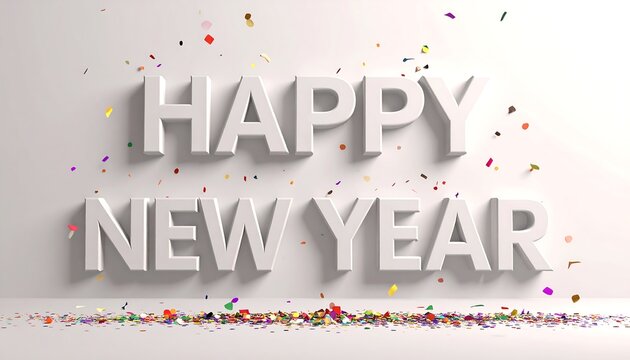 Large white text "HAPPY NEW YEAR" with confetti - Powered by Adobe