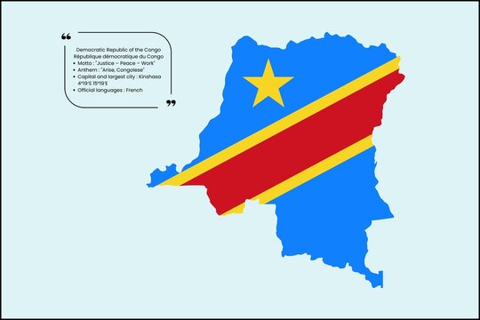 Map of DR Congo filled with national flag colors, with country profile details on a blue ocean-style background.