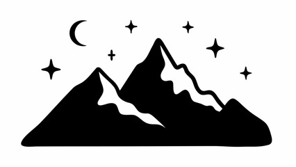 Majestic mountain range under starry night sky with crescent moon