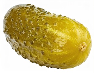 A close-up shot of a single, vibrant, pickled cucumber