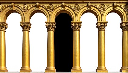 Ornate golden arches framed against a white backdrop, with a black void