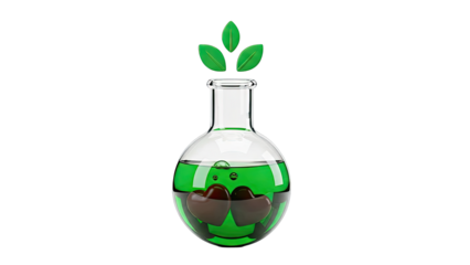 Lab flask with green liquid, hearts, and leaves