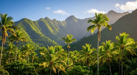 Lush tropical foliage and towering green mountains meet under a bright blue sky