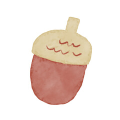 秋のかわいい手描き植物イラスト。水彩と色鉛筆で描かれた一つのどんぐり