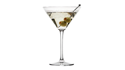 Elegant Martini Glass Filled with Clear Cocktail and Three Green Olives on a Skewer Against Pure White Background

