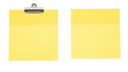 Set of Two Yellow Sticky Notes One Clipped on a Metal Clipboard and One Loose for Office, Planning or Reminder Concepts

