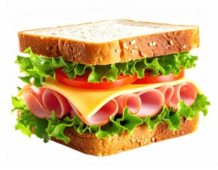 Close-up of a stacked sandwich with vegetables and meat on white bread