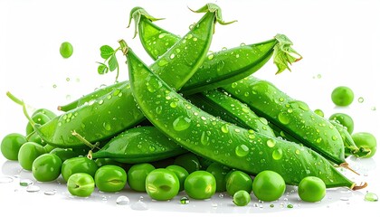 Fresh, glistening green pea pods and peas against a clean white backdrop