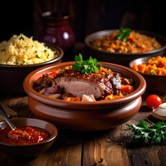 A rustic wooden table is laden with multiple bowls of hearty food