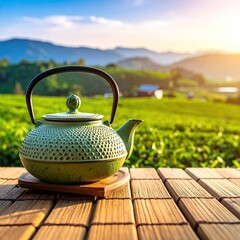 A green teapot on a wood surface overlooking a tea garden landscape