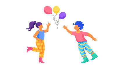 Two kids in vibrant outfits running and jumping while trying to catch colorful floating balloons in the air