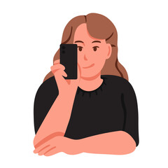 Smiling woman holding smartphone flat vector illustration