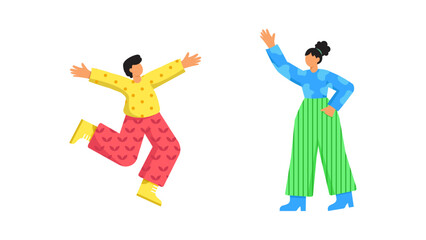 A flat vector illustration of a man jumping with joy and a woman waving her hand in a friendly greeting