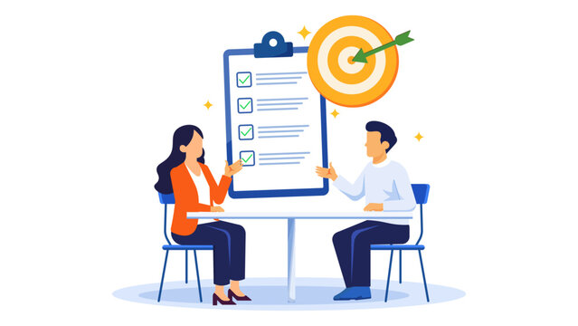 A professional man and woman having a meeting or interview sitting at a table with a giant clipboard checklist and a target in the background