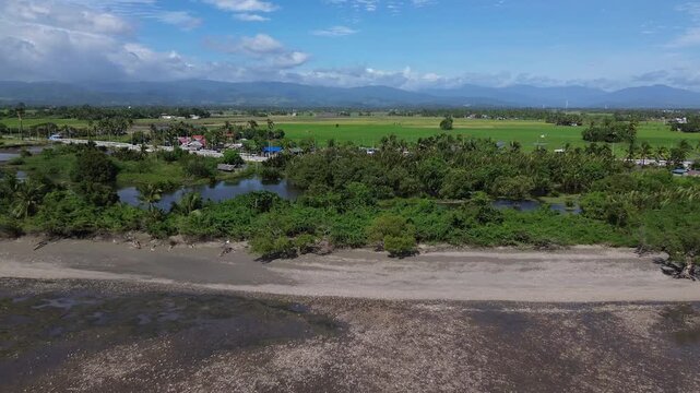 Scenic aerial drone footage of Roxas in Oriental Mindoro, Philippines showing sandy beaches, green rice fields and mountains in the background, perfect tropical landscape view.