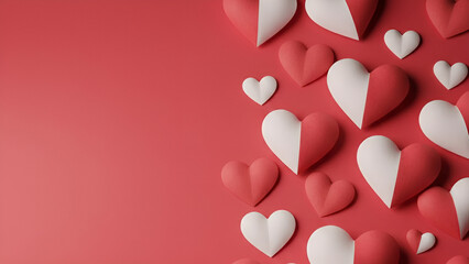 ​3D Paper Cut Hearts Background for Valentine's Day, Romantic Red and White Love Concept for Mother's Day and Wedding Greeting Cards