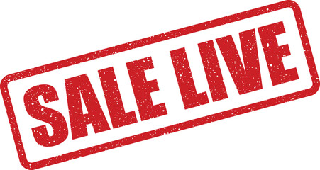 Distressed red rubber stamp with SALE LIVE message, indicating an active promotion or product launch
