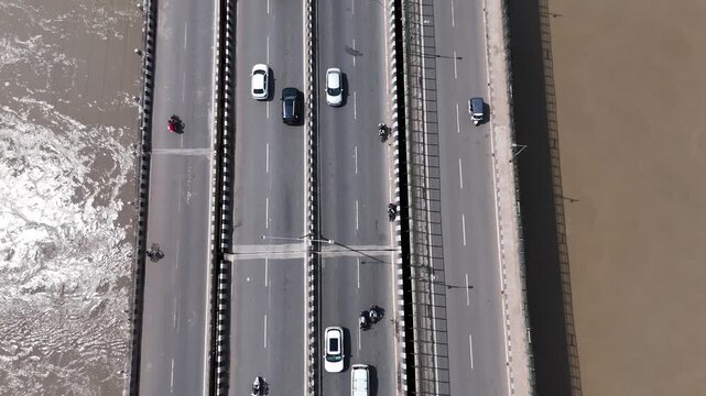 Aerial view of Jawahar Bridge over the Yamuna River in Agra, India
