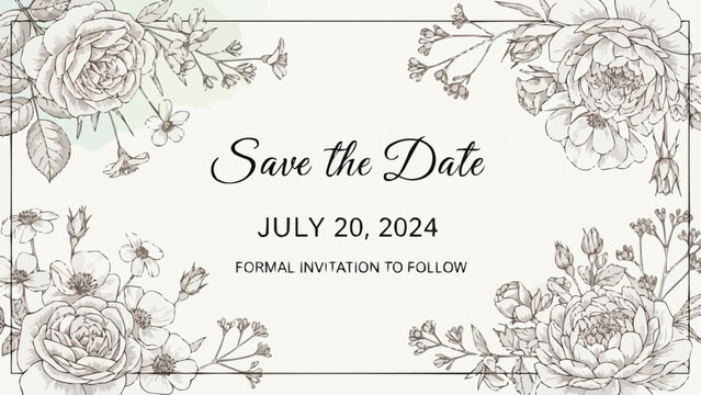 Elegant floral save the date wedding invitation with roses and greenery. - Powered by Adobe