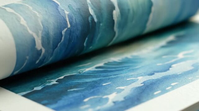Watercolor painting of ocean waves in a sketchbook with turning page